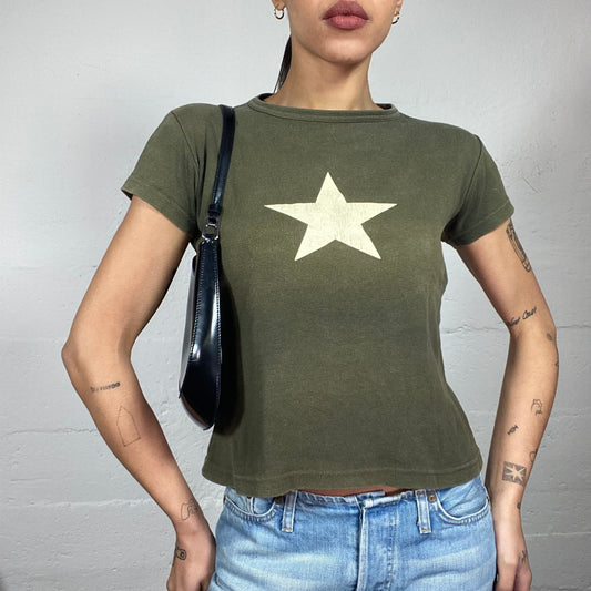Vintage 2000's Rave Khaki Top with White Star Print (S/M)
