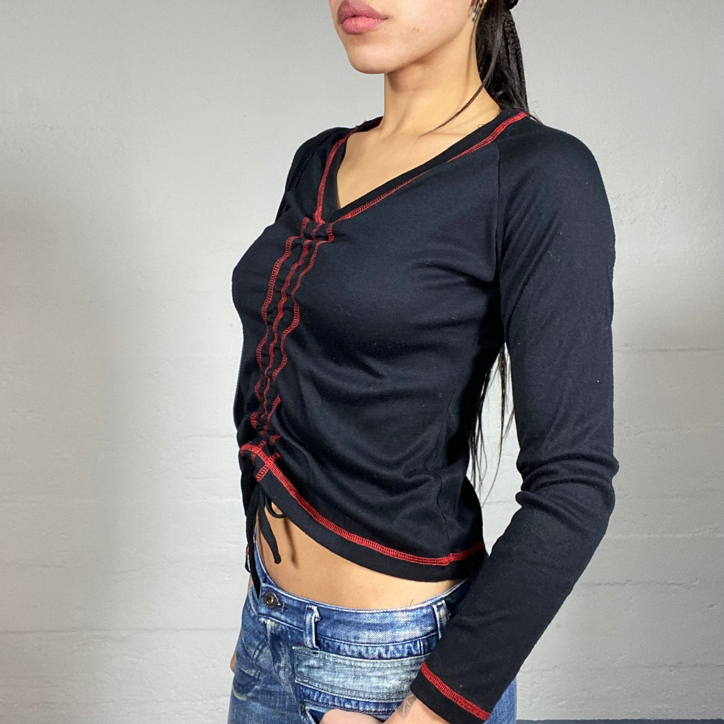 Vintage 2000's Rave Girl Black Longsleeve Top with Red Contrast Stitching (M)