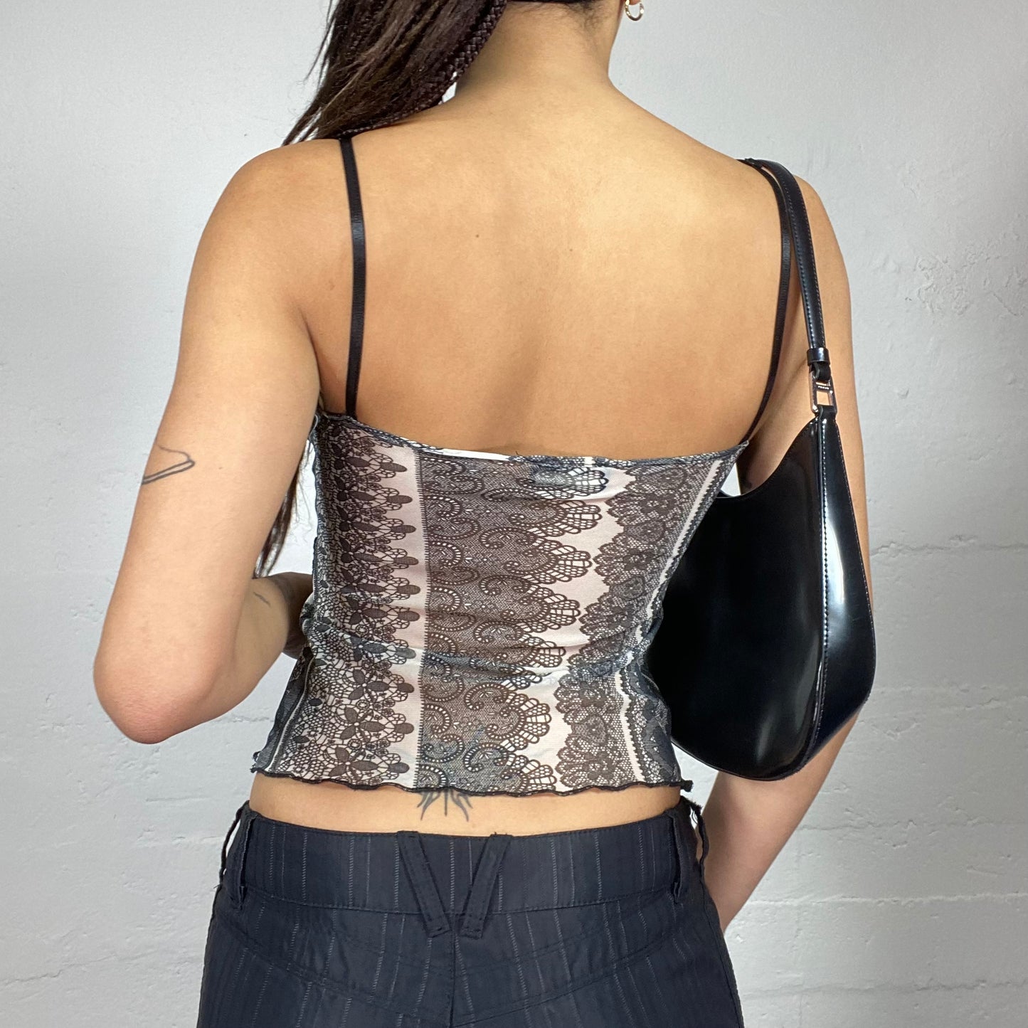 Vintage 2000's English It Girl Black Mesh Top with Lace and Print Detail (S)