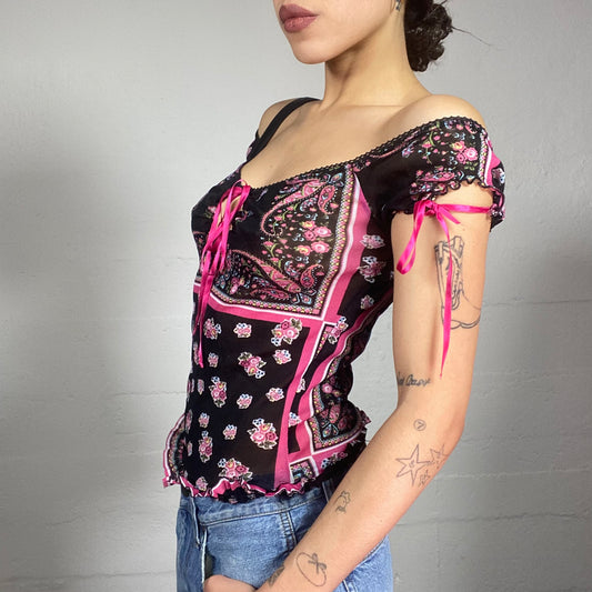 Vintage 2000's Romantic Black Off Shoulder Top with Fuchsia Mixed Floral Print Detail (S)