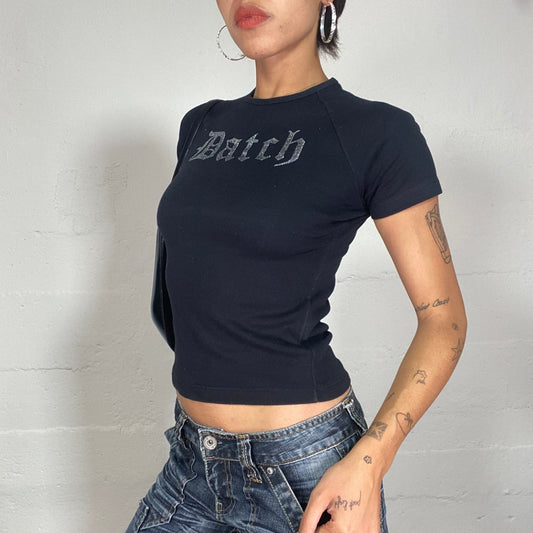 Vintage 90's Whimsigoth Black Top with "Datch" Gothic Lettering Print (S)
