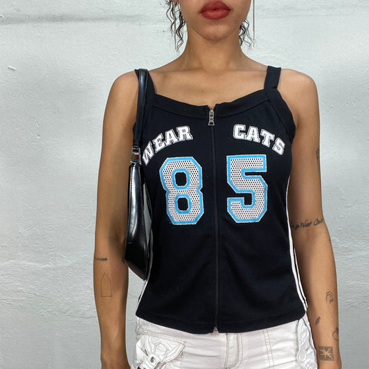 Vintage 90's Sporty Girl Black Zip Up Top with "Wear Cats 85" Print (S/M)