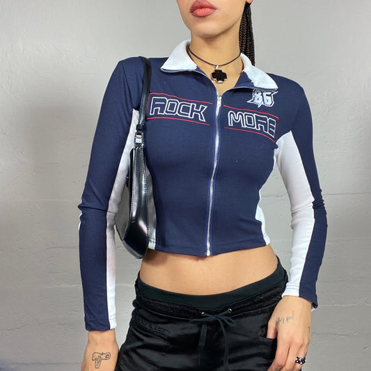 Vintage 2000's Football Core Navy Blue and White Zip-Up Hoodie with "Rock Me" Print (XS)