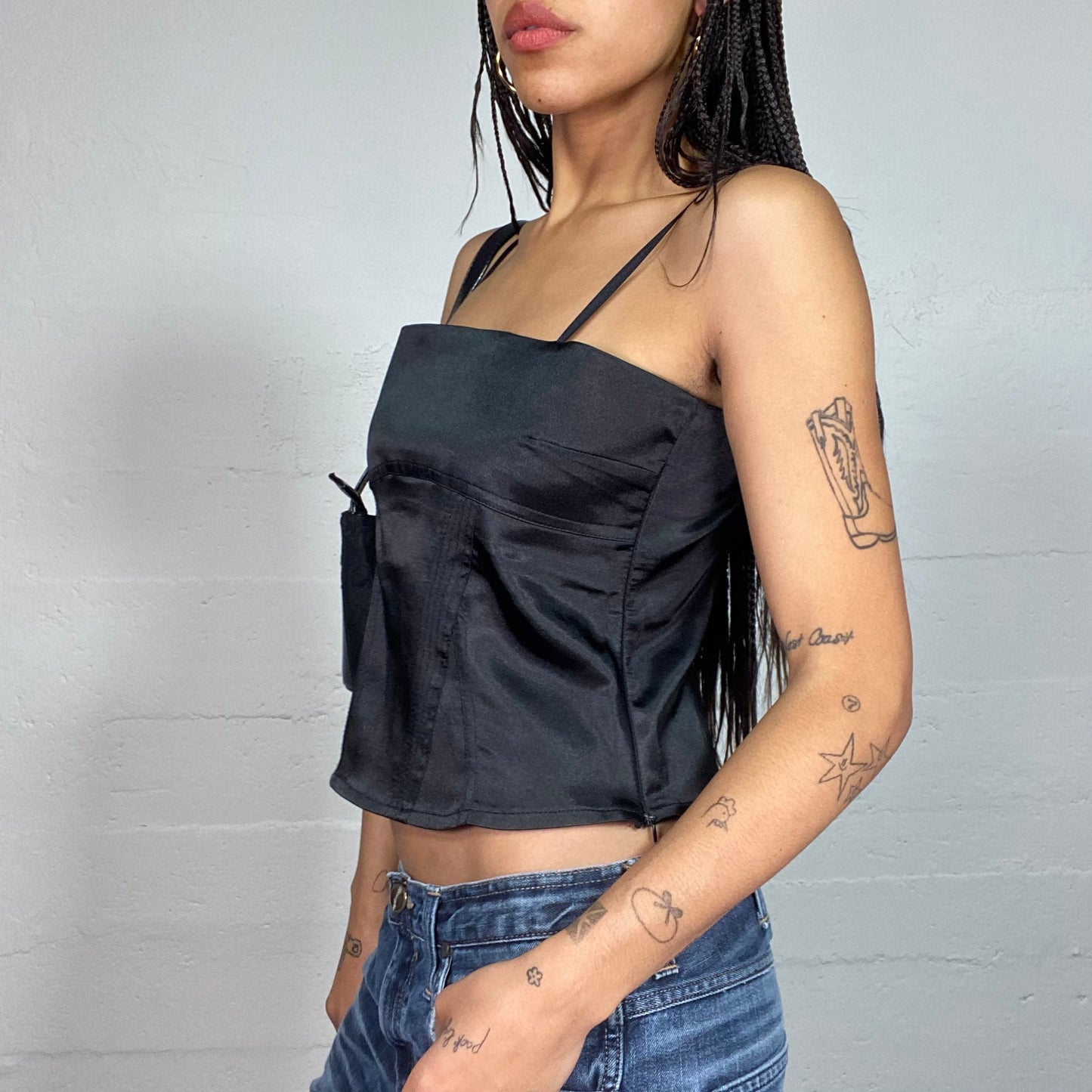 Vintage 2000's Clubwear Black Square Cut Satin Top (M)