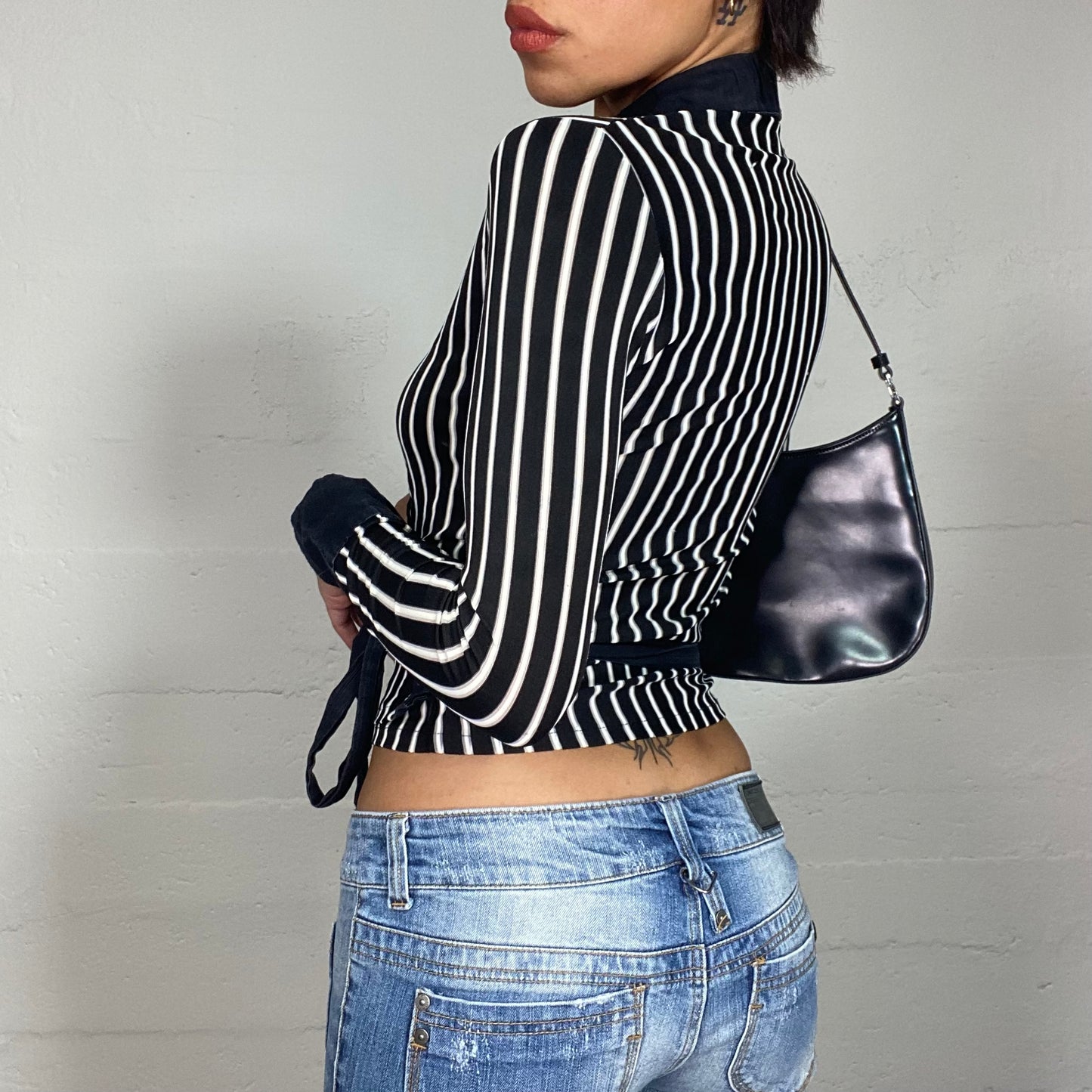 Vintage 2000's Office Girl Black Wrapped Top with White Stripes Print (S)