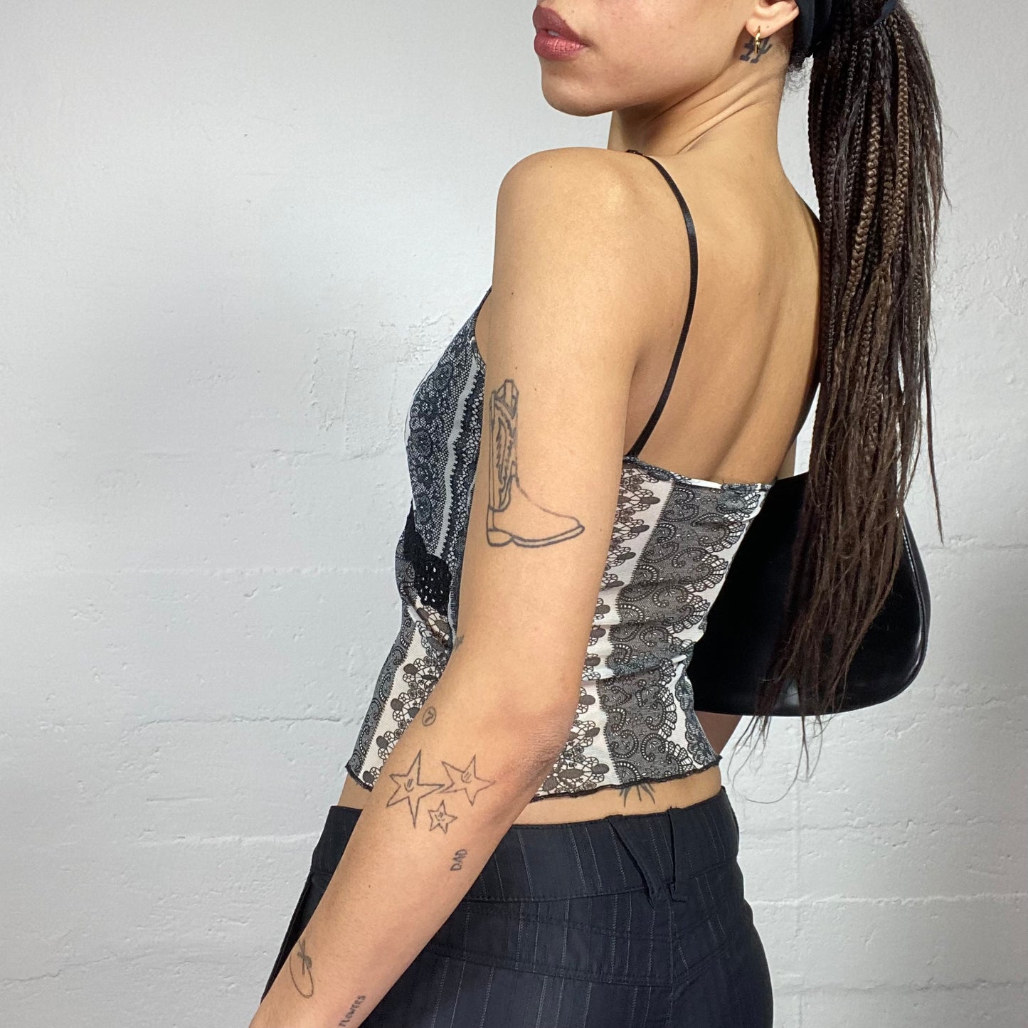 Vintage 2000's English It Girl Black Mesh Top with Lace and Print Detail (S)