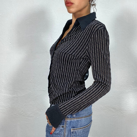 Vintage 2000's Downtown Girl Black Stripe Structure Button Up Blouse (S)