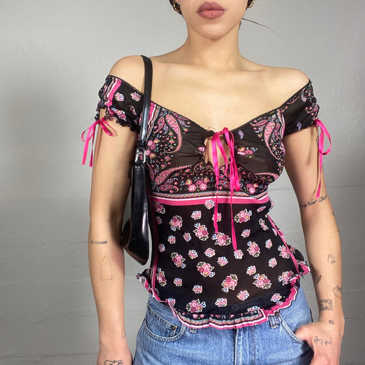 Vintage 2000's Romantic Black Off Shoulder Top with Fuchsia Mixed Floral Print Detail (S)