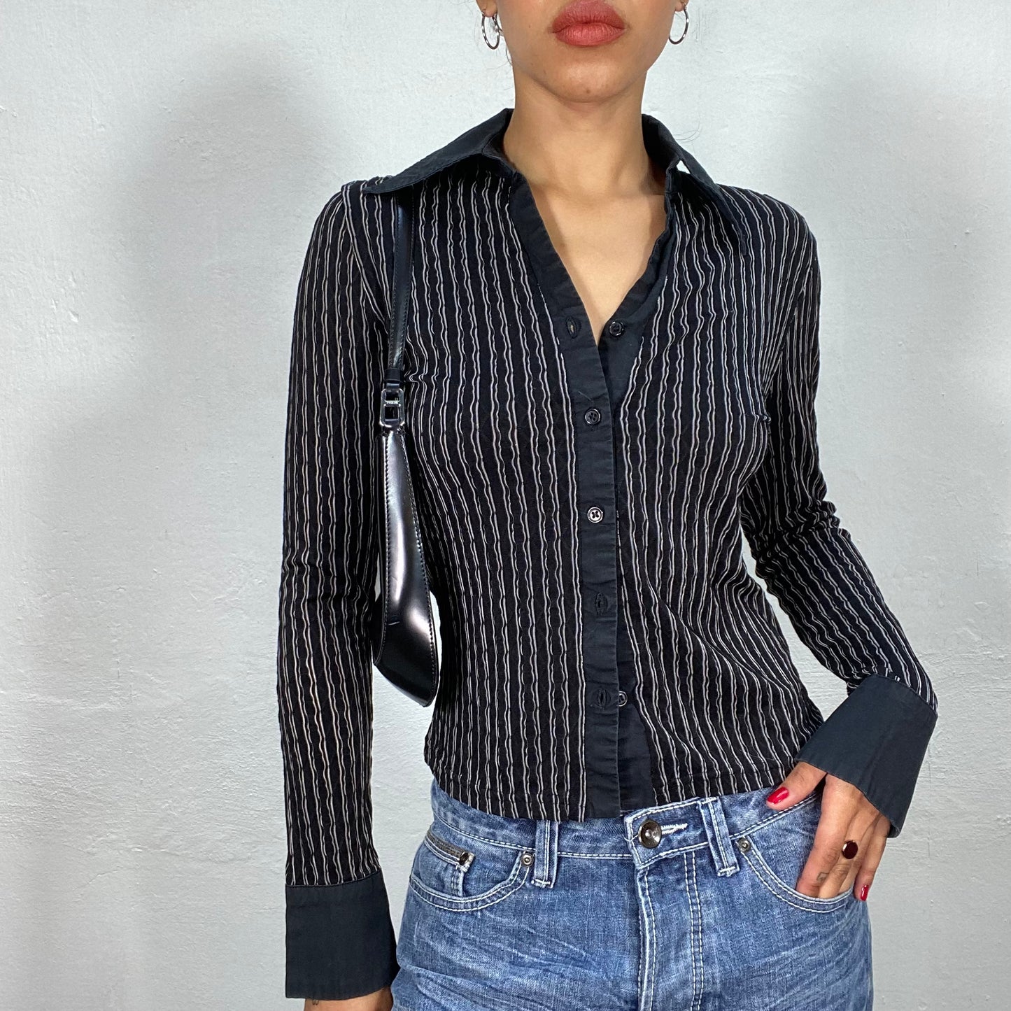 Vintage 2000's Downtown Girl Black Stripe Structure Button Up Blouse (S)