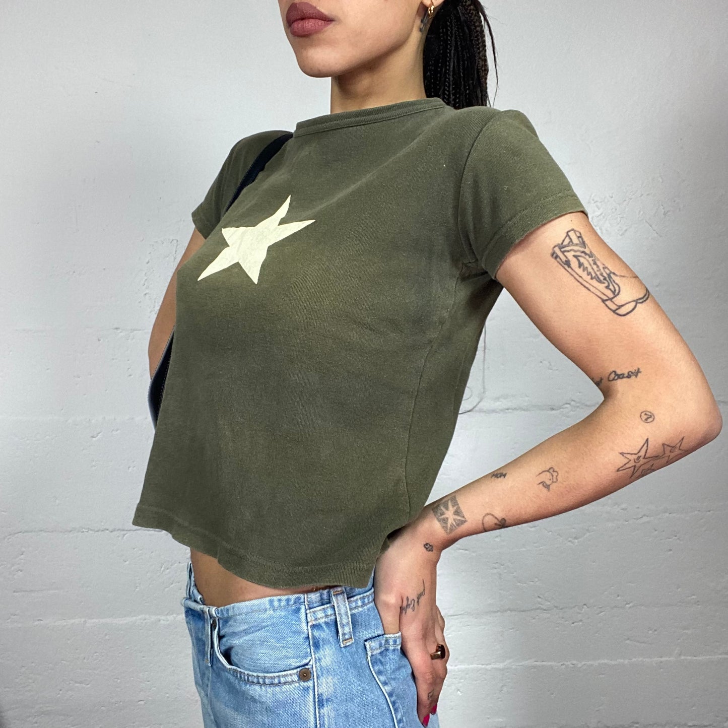 Vintage 2000's Rave Khaki Top with White Star Print (S/M)