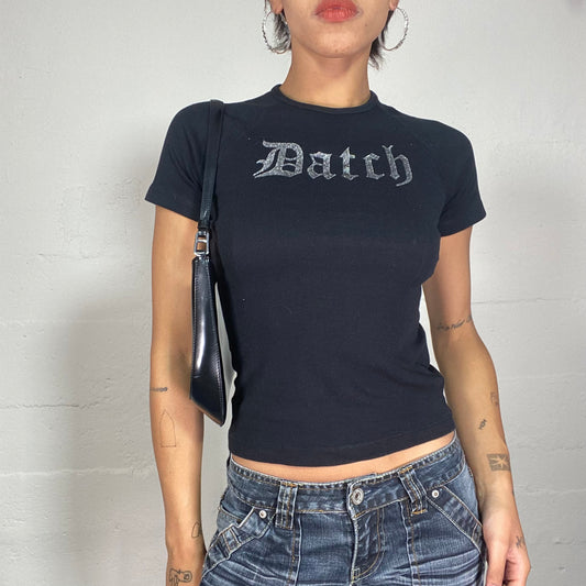 Vintage 90's Whimsigoth Black Top with "Datch" Gothic Lettering Print (S)