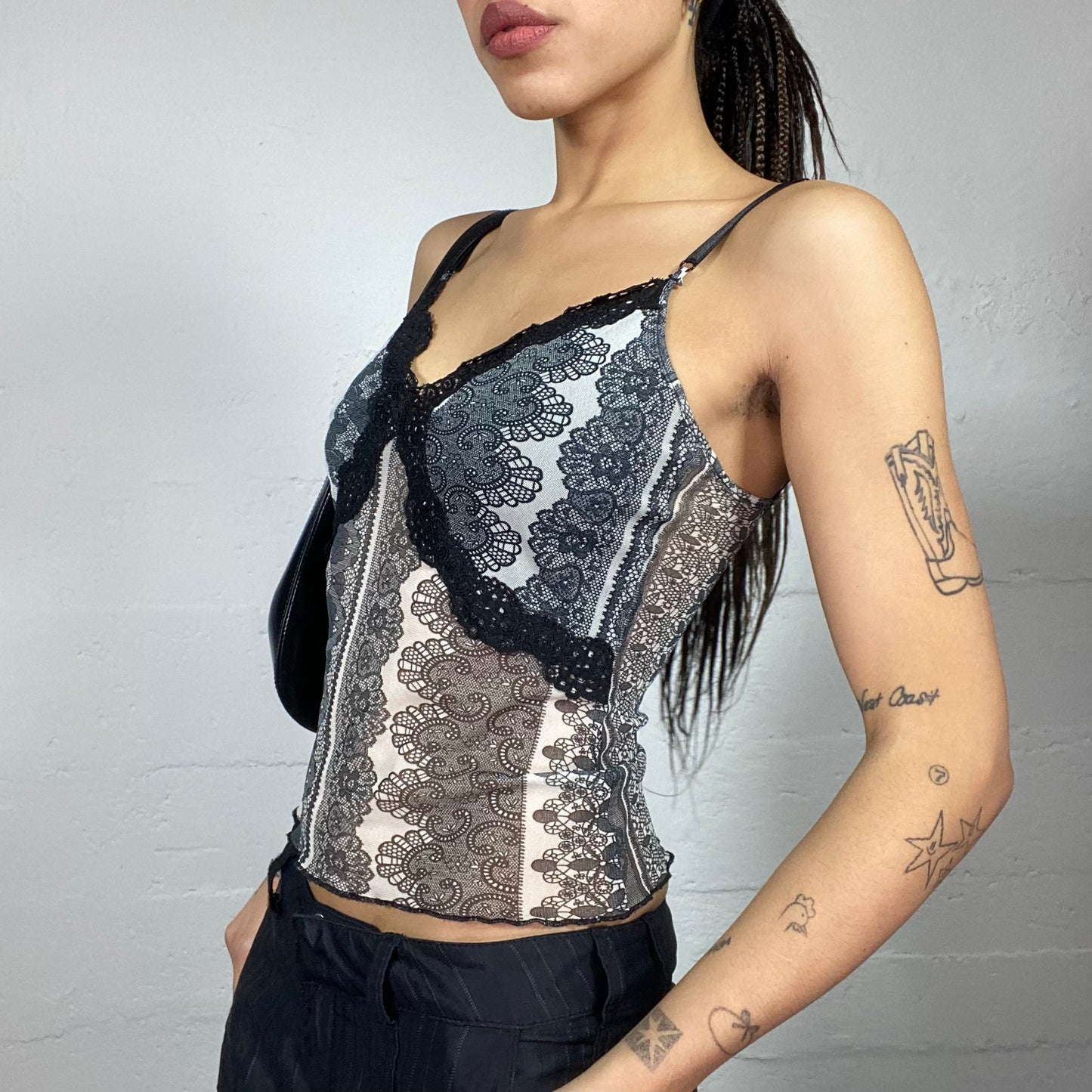 Vintage 2000's English It Girl Black Mesh Top with Lace and Print Detail (S)