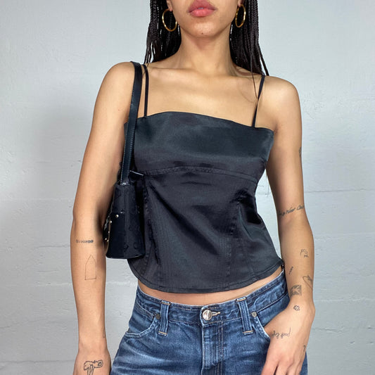 Vintage 2000's Clubwear Black Square Cut Satin Top (M)