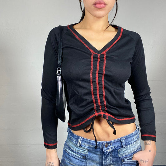 Vintage 2000's Rave Girl Black Longsleeve Top with Red Contrast Stitching (M)