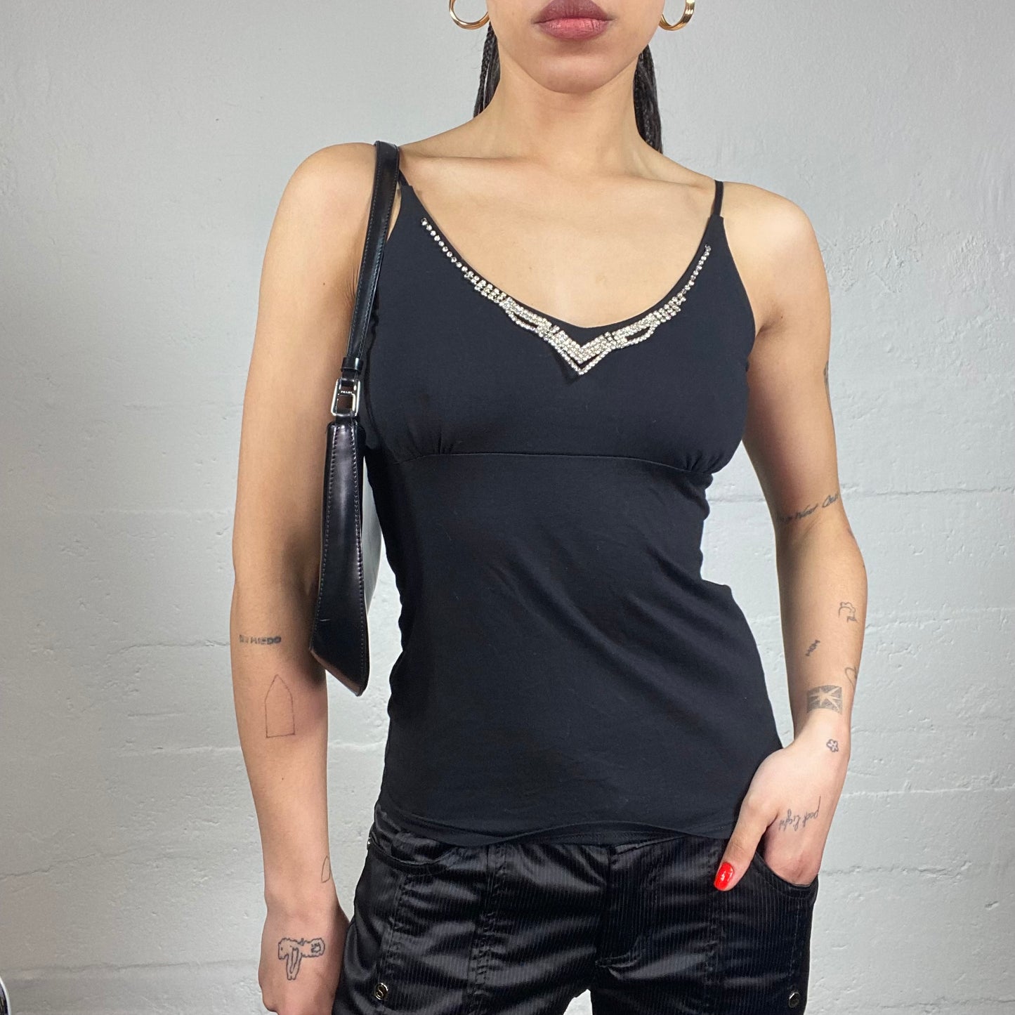 Vintage 2000's Burlesque Black Top with Strass Neckline Trim Detail (S/M)