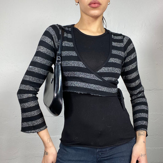 Vintage 2000's Hannah Montana Black Layered Longsleeve Top with Glittery Silver Stripes Print (S)