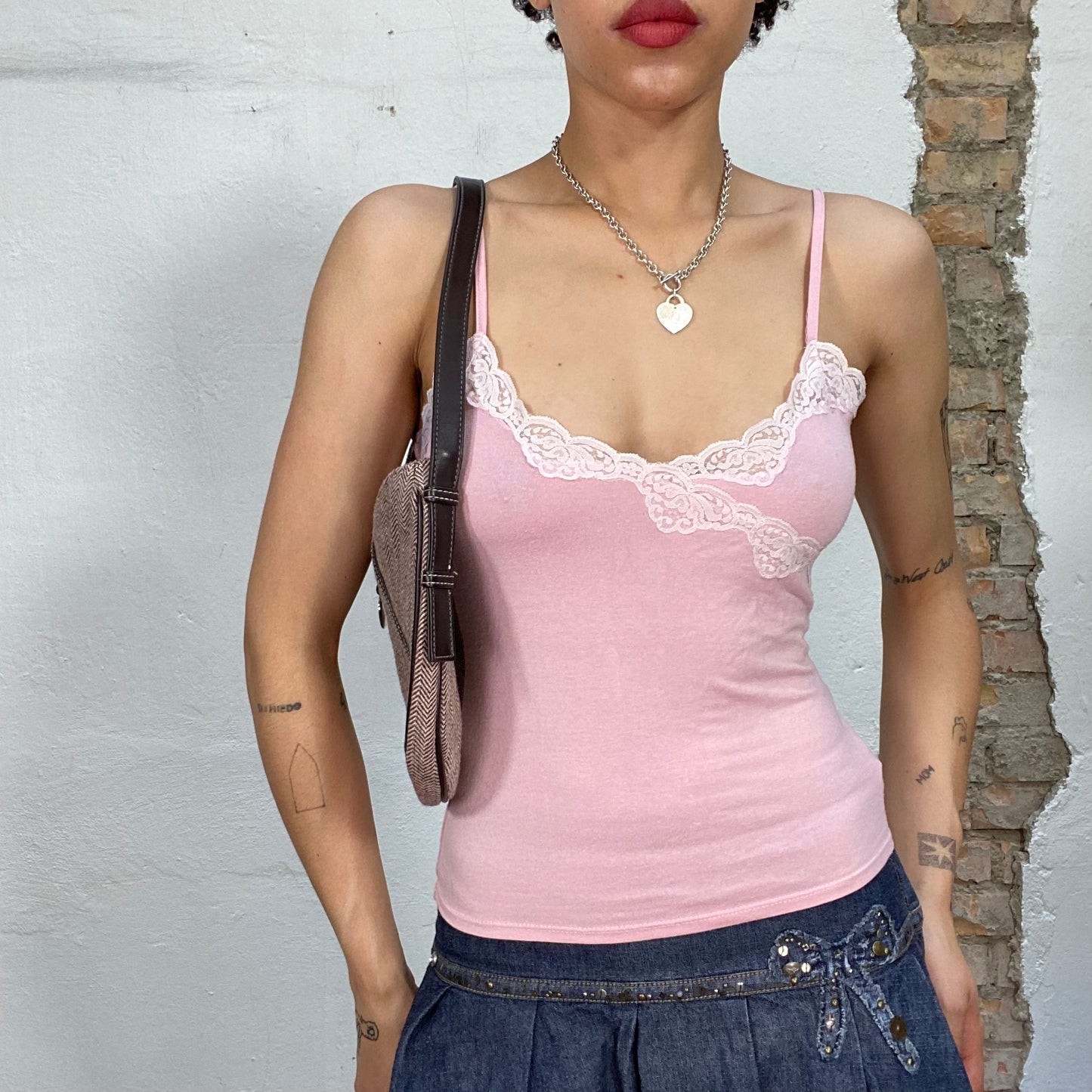 Vintage 2000's Soft Girl Pink Top with White Lace Detail (S)