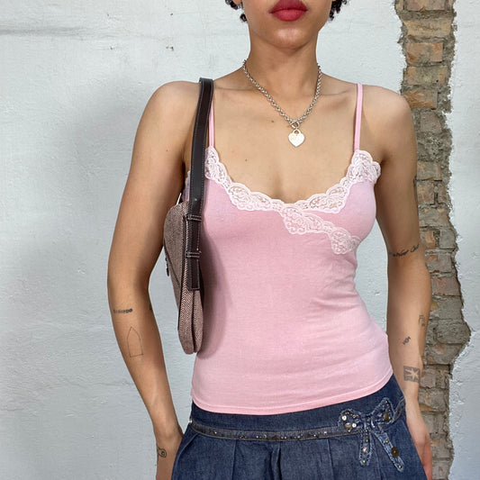 Vintage 2000's Soft Girl Pink Top with White Lace Detail (S)