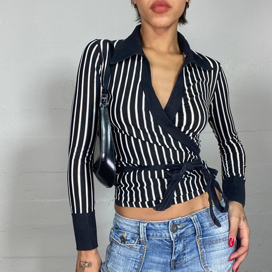 Vintage 2000's Office Girl Black Wrapped Top with White Stripes Print (S)