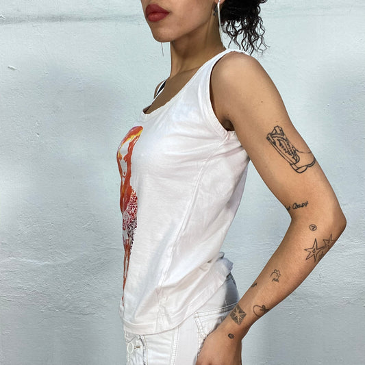 Vintage 2000's Downtown Girl White Tank Top with Orange Girl Print (S/M)