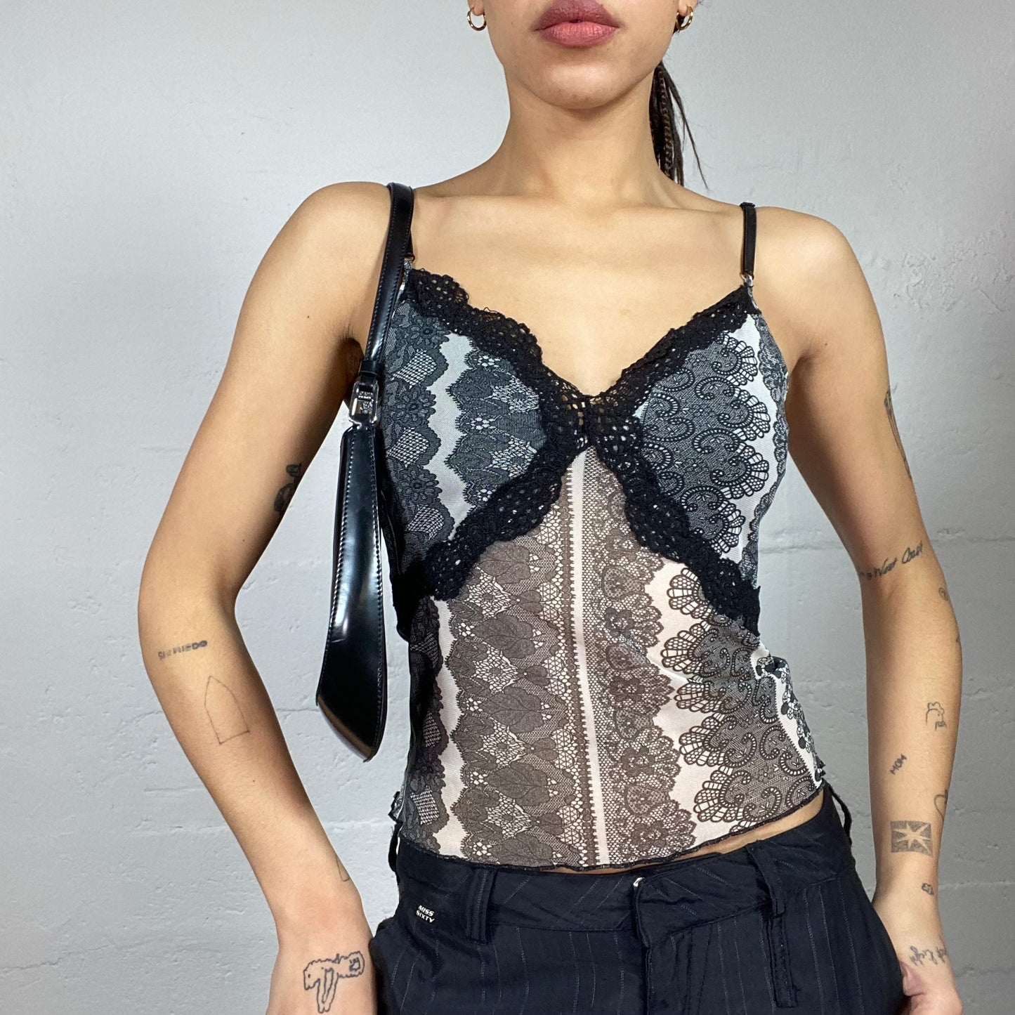 Vintage 2000's English It Girl Black Mesh Top with Lace and Print Detail (S)
