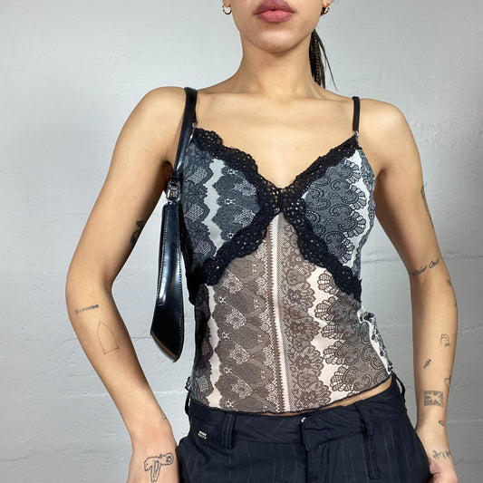 Vintage 2000's English It Girl Black Mesh Top with Lace and Print Detail (S)