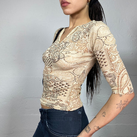 Vintage 90's Janice Biege 3/4 Sleeve Top with Pointillism Paisley Print (S)