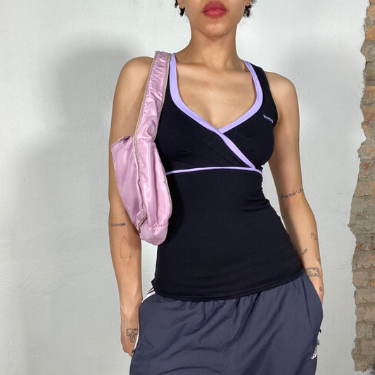 Vintage 2000's Reebok Black V-Neck Tank Top with Lilac Trim (S)