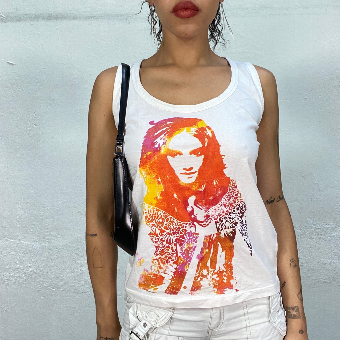 Vintage 2000's Downtown Girl White Tank Top with Orange Girl Print (S/M)