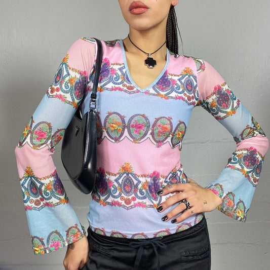 Vintage 2000's Soft Girl Pastel Colors Longsleeve Top with Floral Border Print (M)