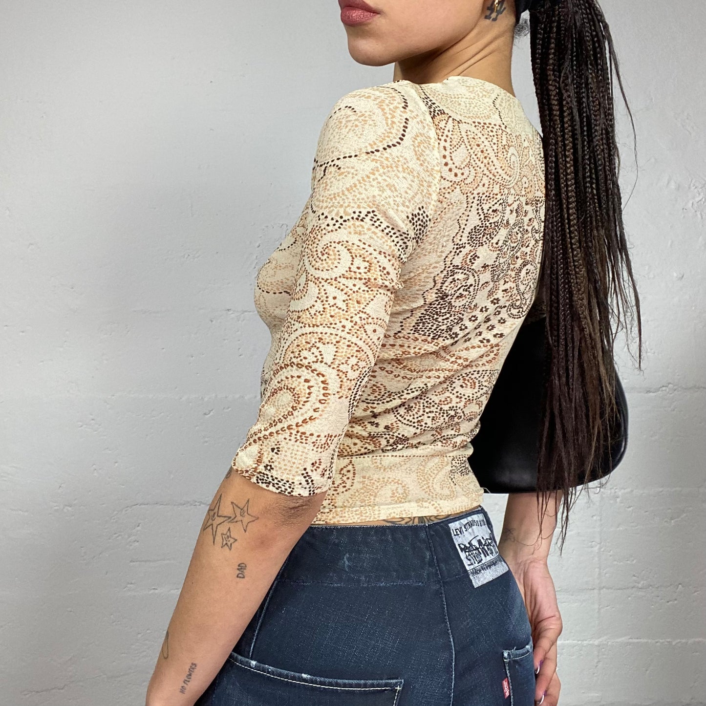 Vintage 90's Janice Biege 3/4 Sleeve Top with Pointillism Paisley Print (S)