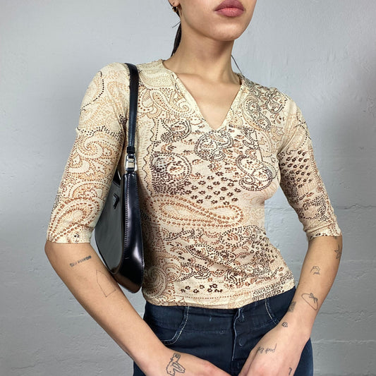 Vintage 90's Janice Biege 3/4 Sleeve Top with Pointillism Paisley Print (S)