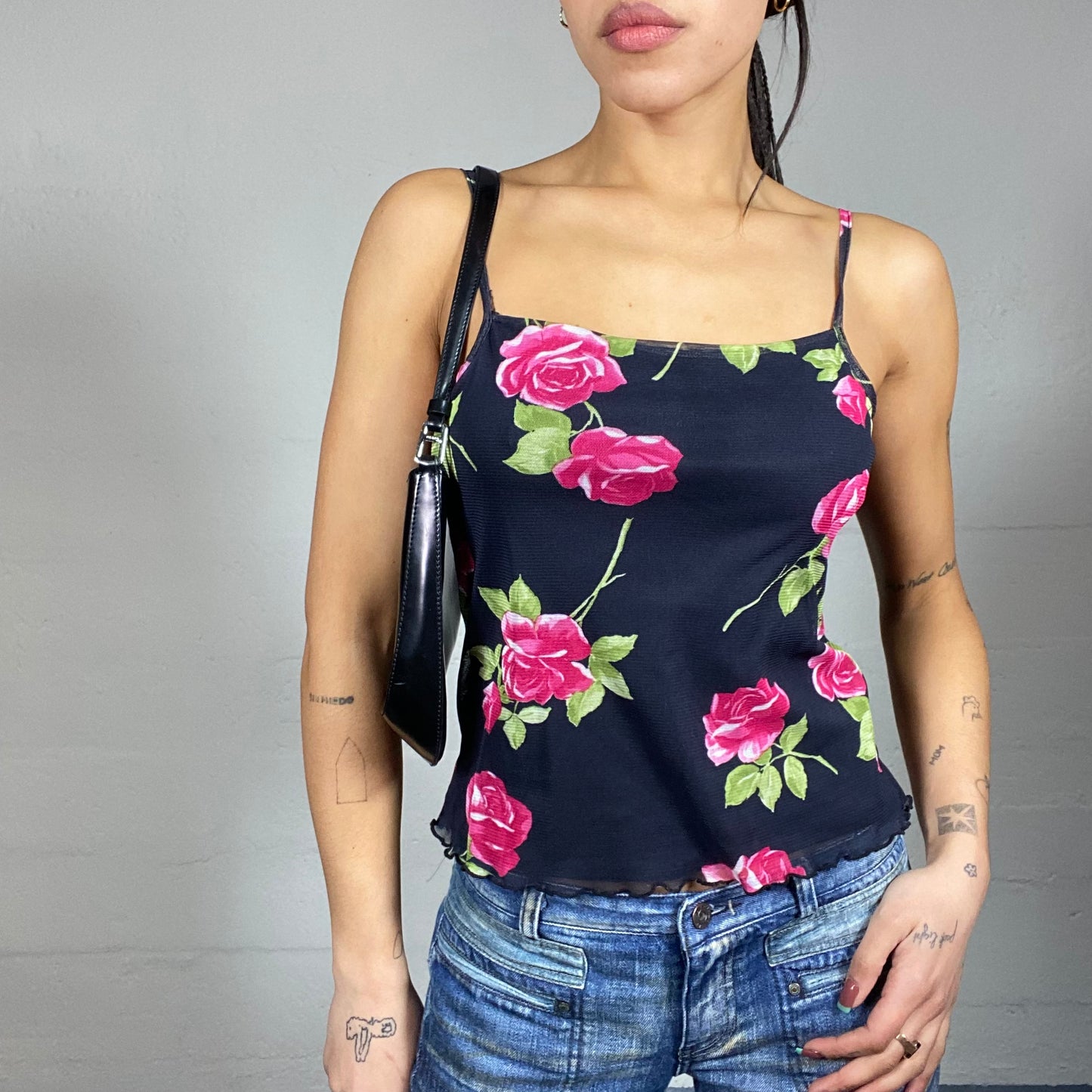 Vintage 2000's Romantic Black Top with Fuchsia Floral Print (S/M)
