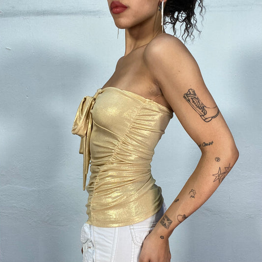 Vintage 2000's Clubwear Gold Strapless Top with Bow Detail (S/M)