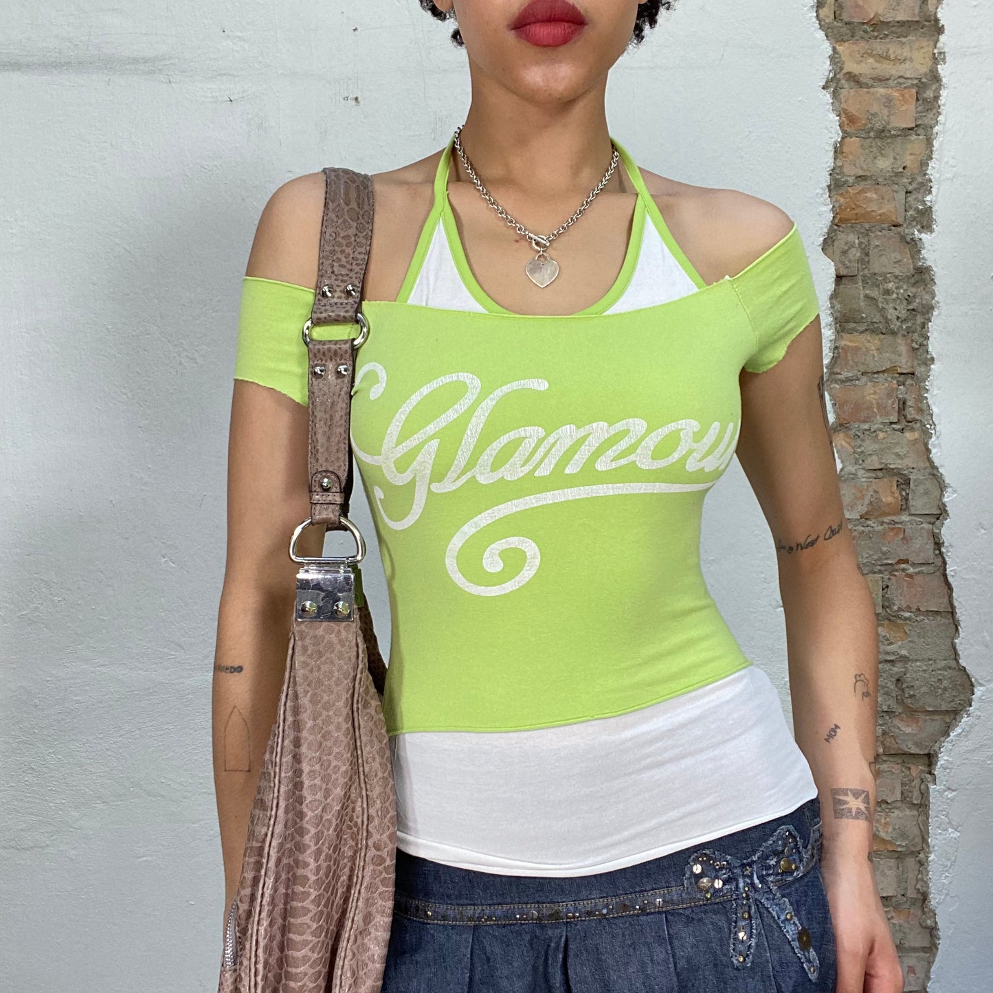 Vintage 2000's Dowtown Girl White and Lime Green Off Shoulder Top with "Glamour" Print (S)