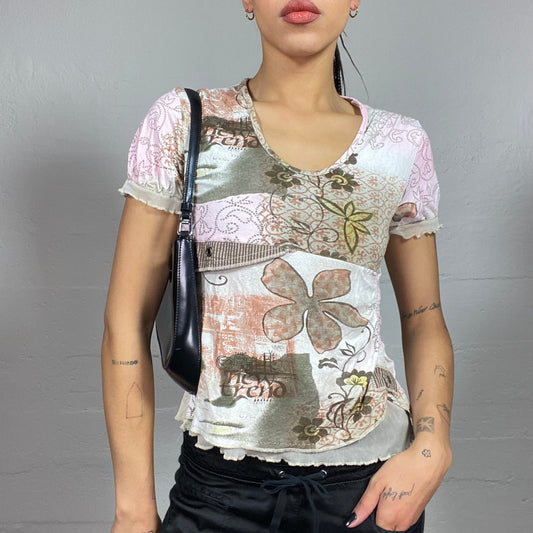 Vintage 2000's Soft Girl White and Pastel Colors Top with Floral Print (M)