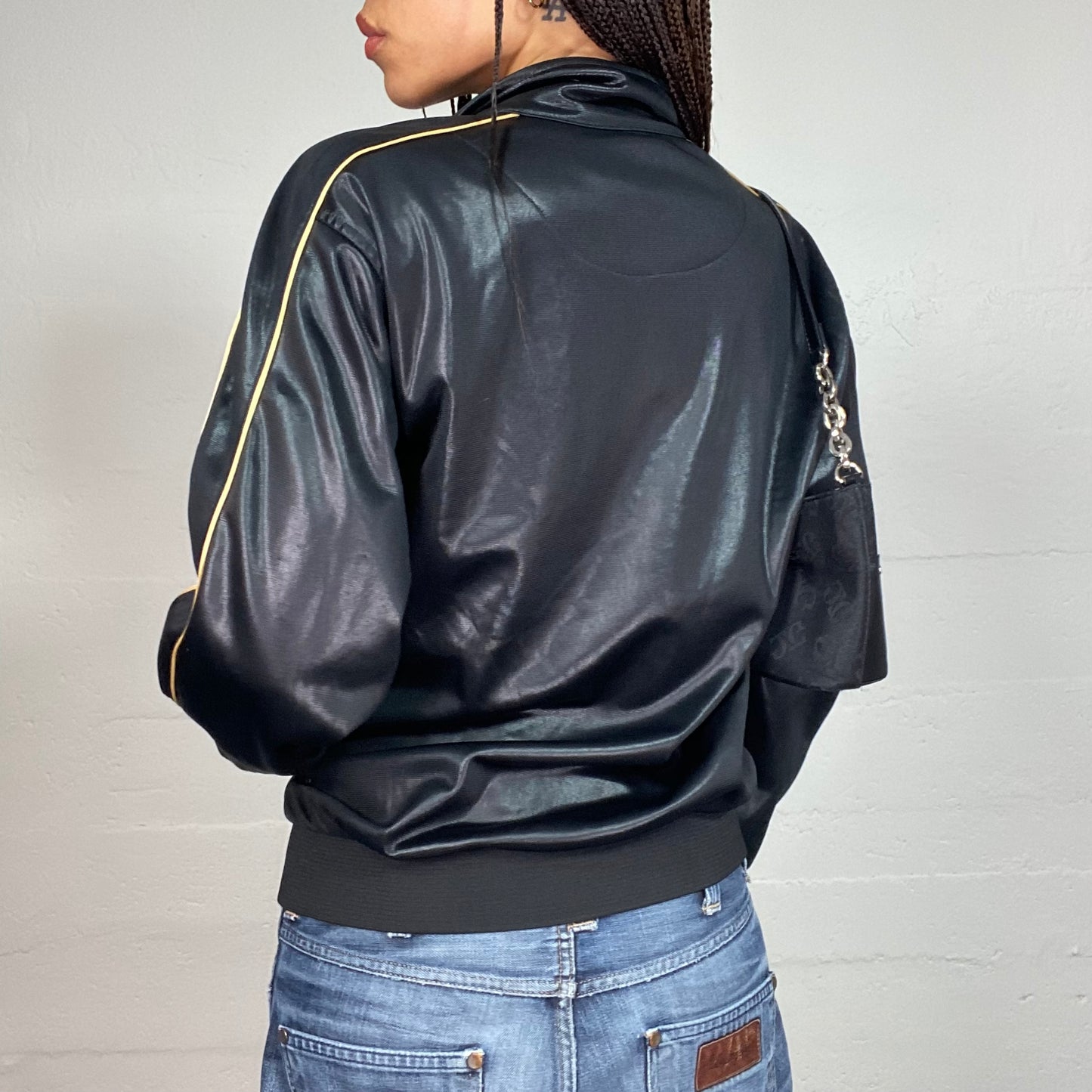 Vintage 2000's Jersey Shore Black Faux Leather Oversized Jacket with Gold "Italia" Print (L)