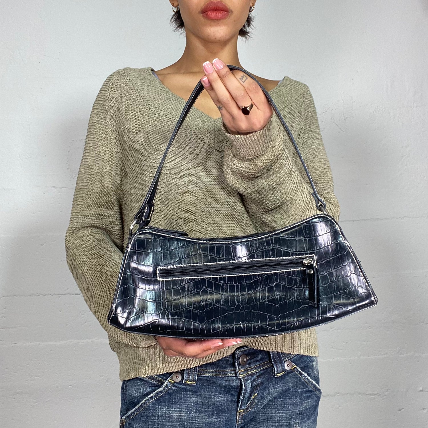 Vintage 2000's Archive Black Glossy Shoulder Bag with Faux Leather