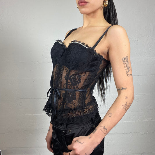 Vintage 2000's Burlesque Black Corset Top with Mesh Lace Covering Detail (M)