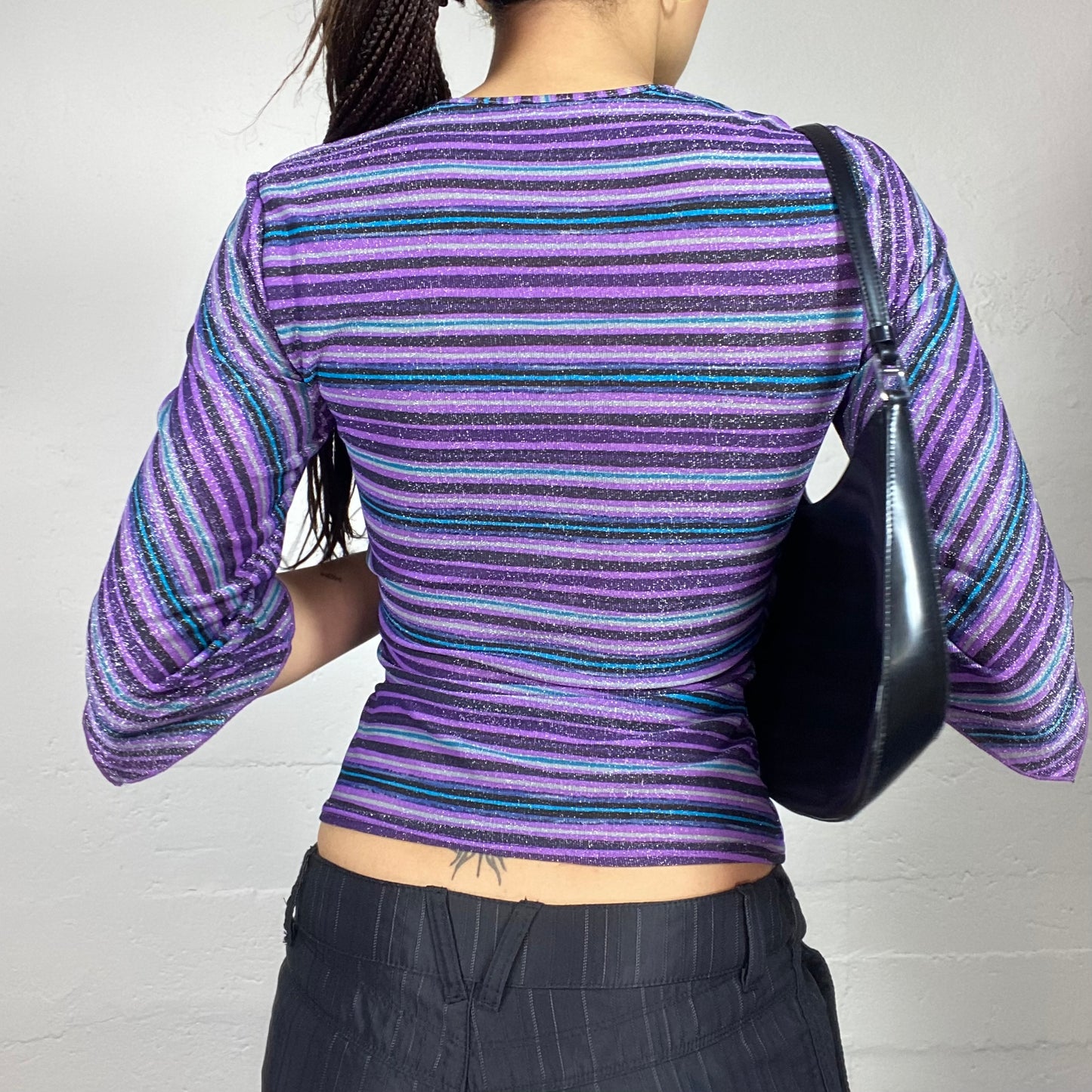 Vintage 90's Morgan College Girl Purple Glitter Longsleeve Top with Stripes Print (S)