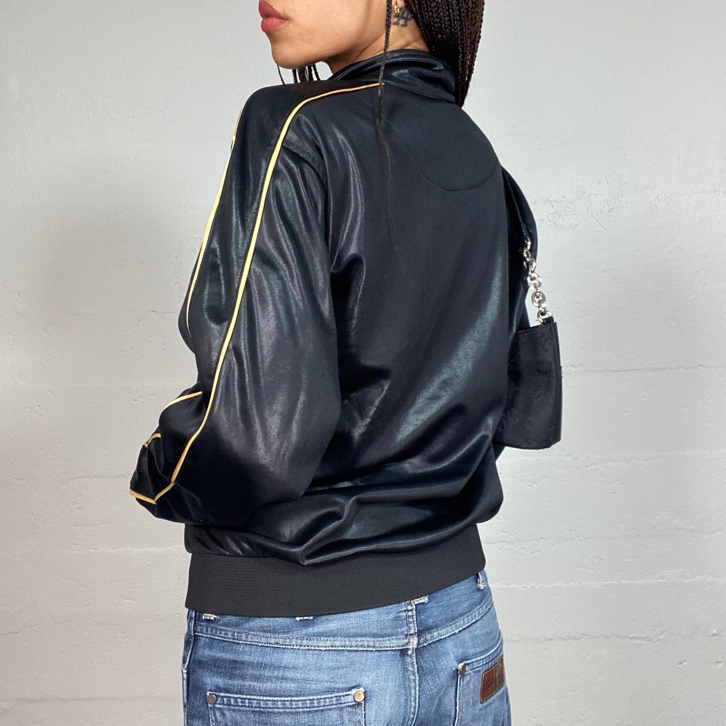 Vintage 2000's Jersey Shore Black Faux Leather Oversized Jacket with Gold "Italia" Print (L)