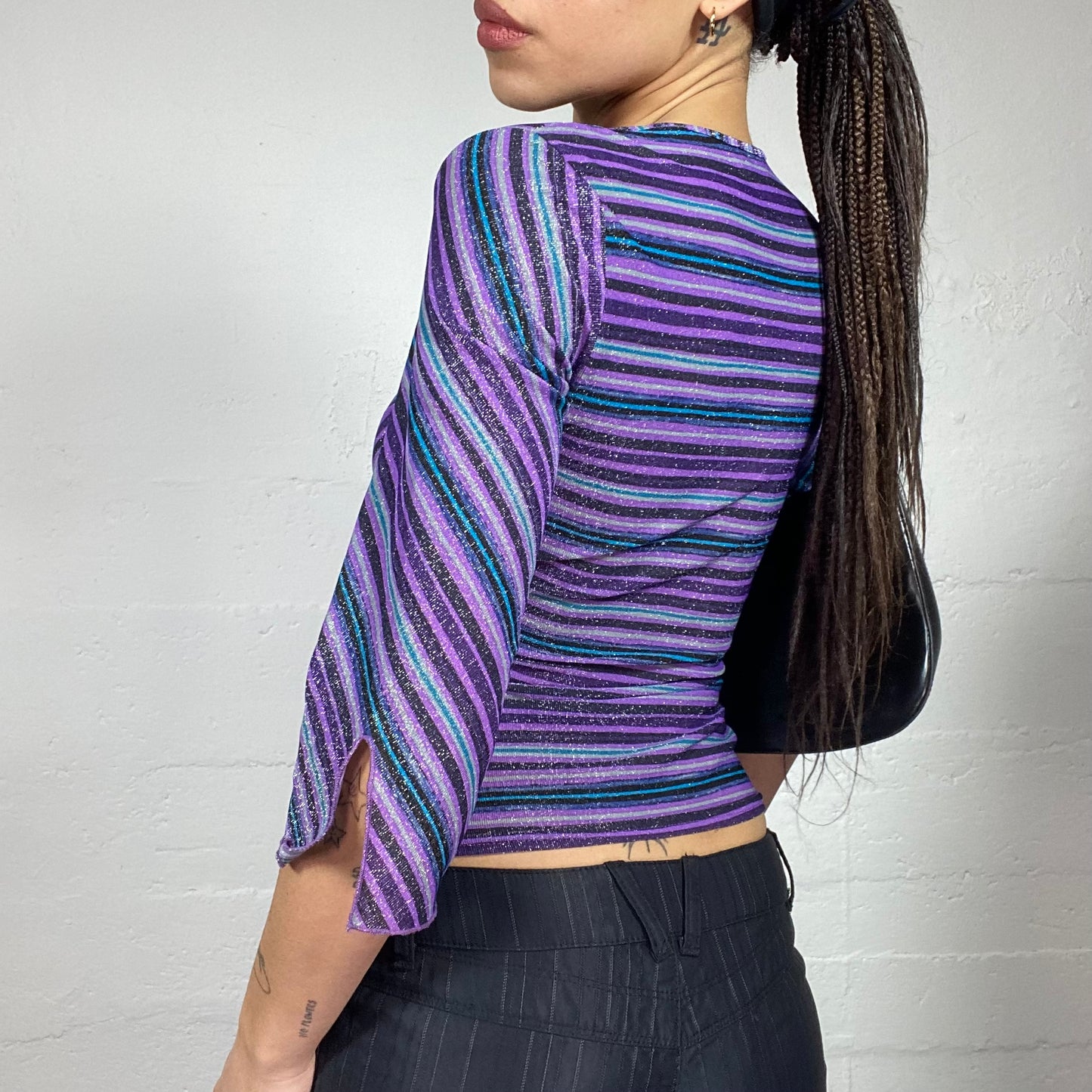 Vintage 90's Morgan College Girl Purple Glitter Longsleeve Top with Stripes Print (S)