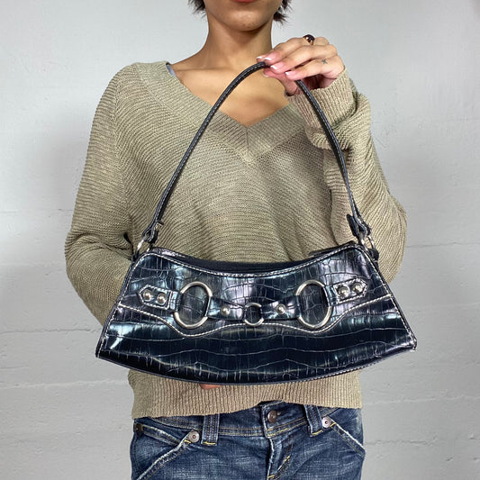 Vintage 2000's Archive Black Glossy Shoulder Bag with Faux Leather Serpent Material