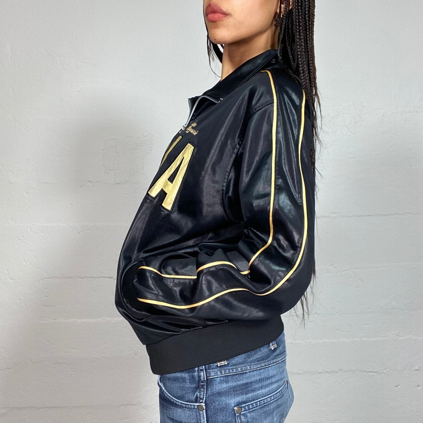 Vintage 2000's Jersey Shore Black Faux Leather Oversized Jacket with Gold "Italia" Print (L)