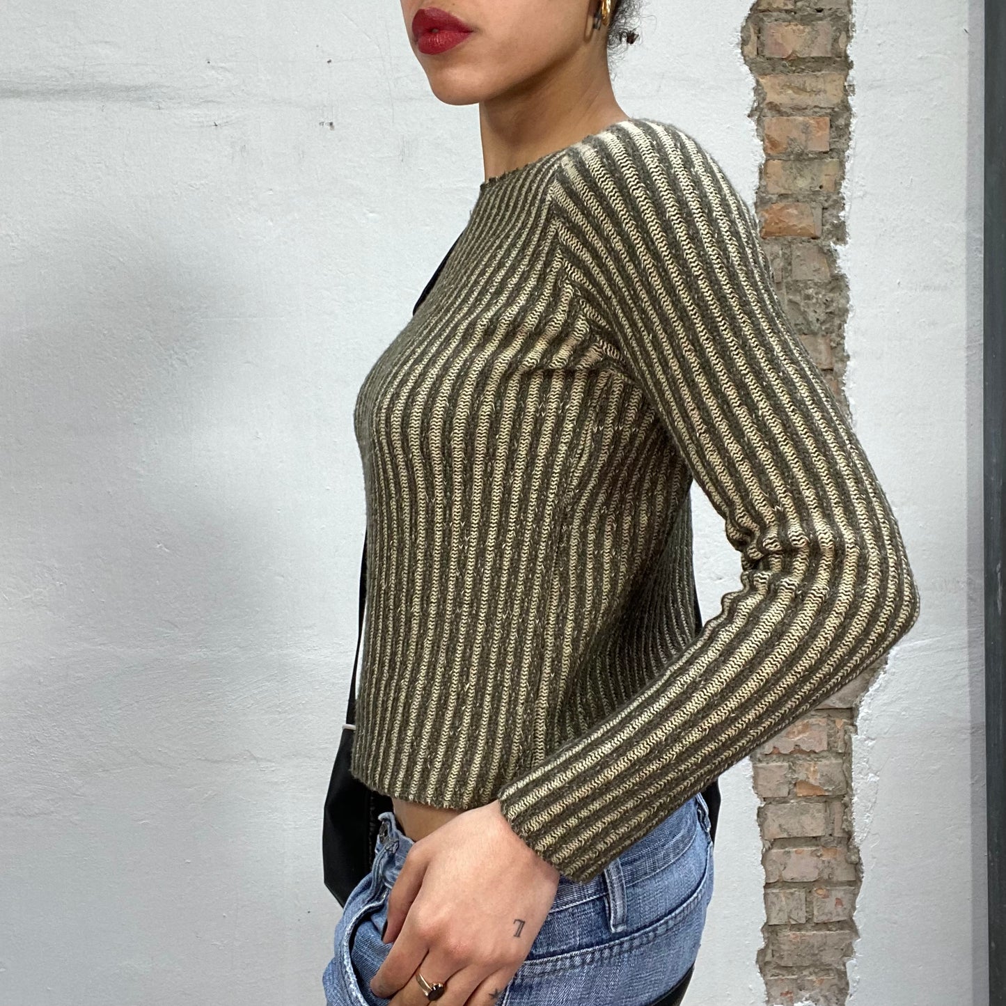 Vintage 90's Downtown Girl Khaki and Beige Striped Knit Sweater (S)