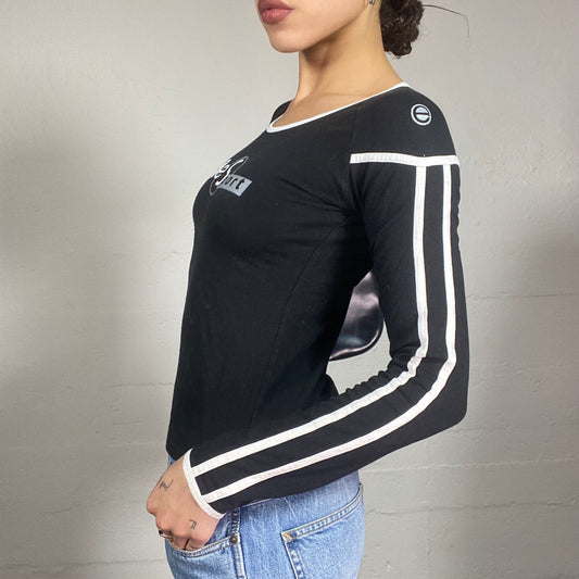 Vintage 2000's Elite Downtown Girl Black Longsleeve Top with White Stripes and Brand Print Detail (S)