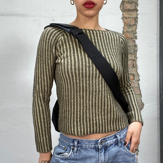 Vintage 90's Downtown Girl Khaki and Beige Striped Knit Sweater (S)