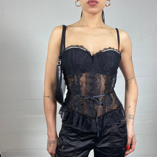 Vintage 2000's Burlesque Black Corset Top with Mesh Lace Covering Detail (M)
