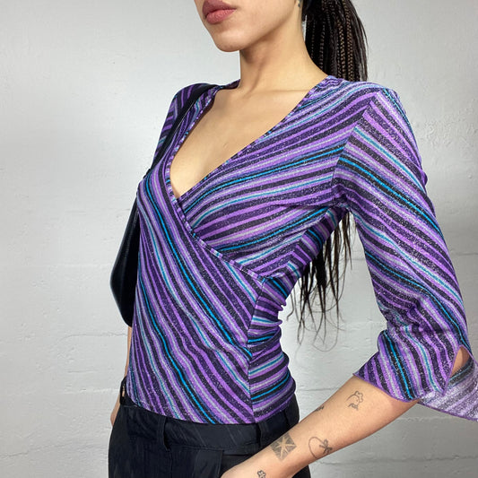 Vintage 90's Morgan College Girl Purple Glitter Longsleeve Top with Stripes Print (S)