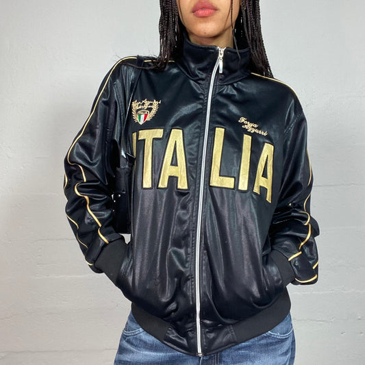 Vintage 2000's Jersey Shore Black Faux Leather Oversized Jacket with Gold "Italia" Print (L)